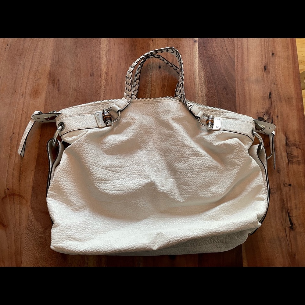 Authentic Gucci Leather Bamboo Large Shoulder Bag Cream
